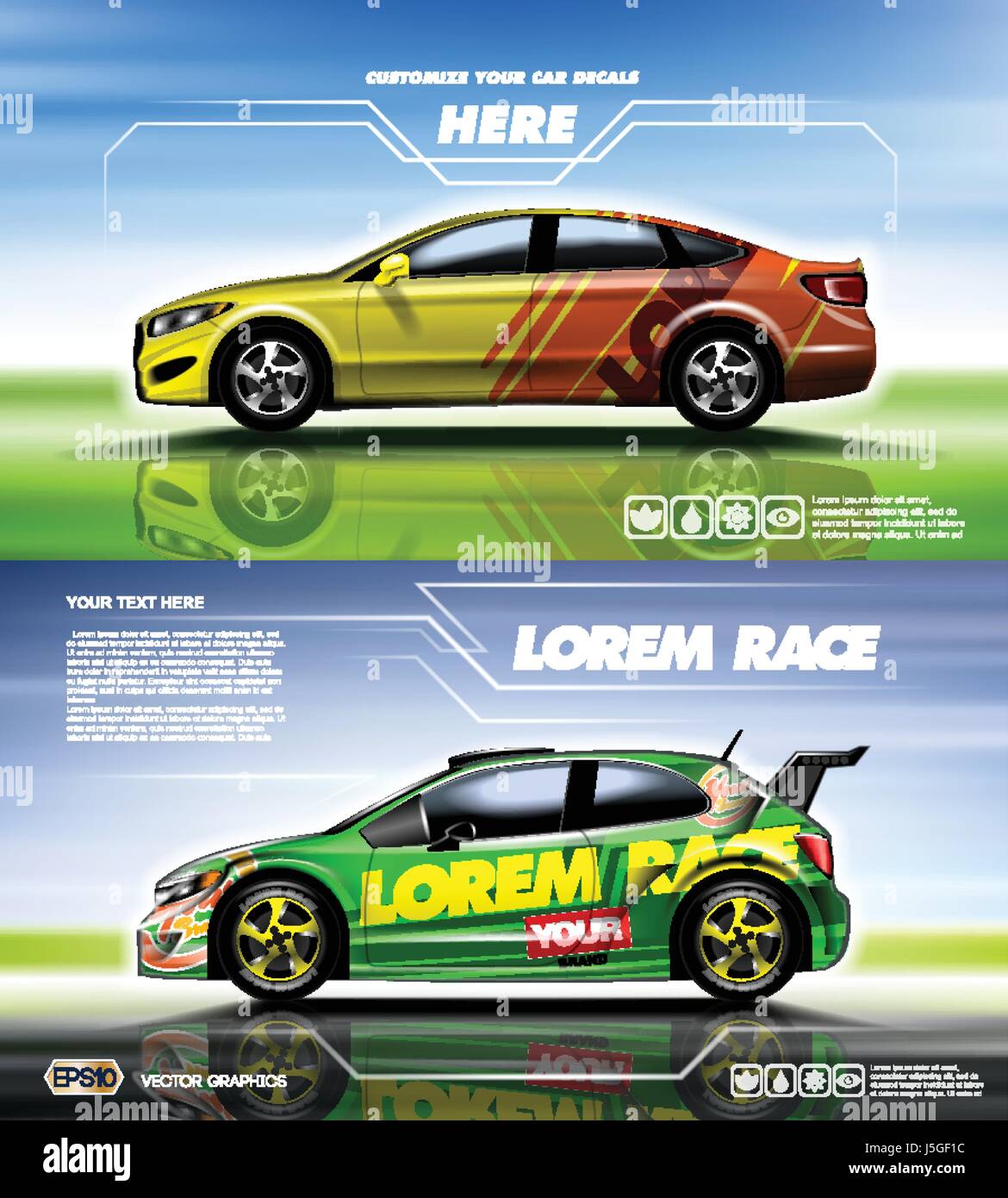 Digital vector yellow red and green sedan sport car mockup, ready for