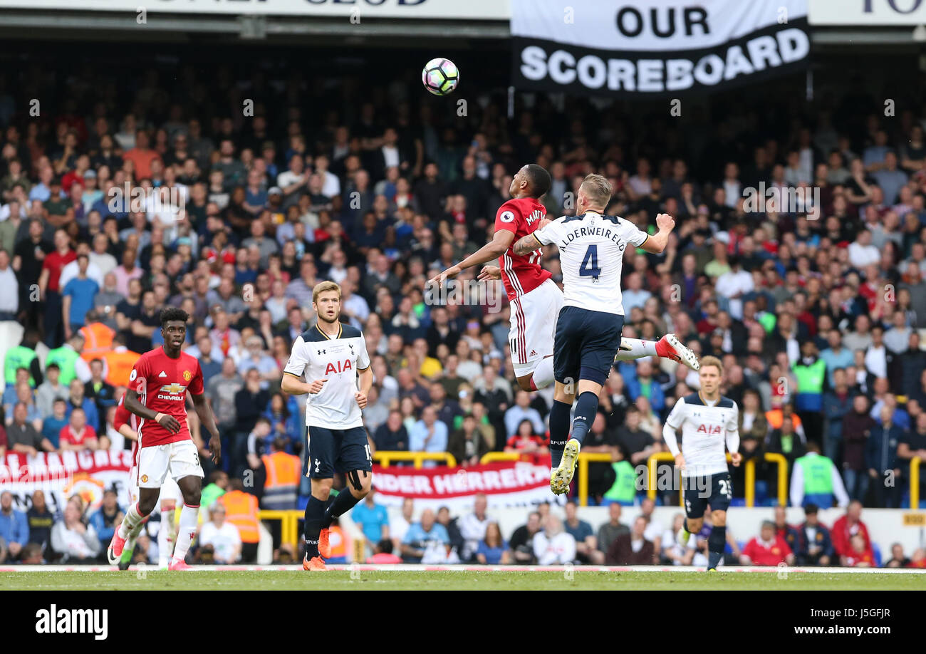 Toby Alderweireld of Tottenham Hotspur challenges Anthony Martial of Manchester United to a header during the Premier League match between Tottenham Hotspur and Manchester United at White Hart Lane in London. 14 May 2017 EDITORIAL USE ONLY . No merchandising. For Football images FA and Premier League restrictions apply inc. no internet/mobile usage without FAPL license - for details contact Football Dataco ARRON GENT/TELEPHOTO IMAGES Stock Photo