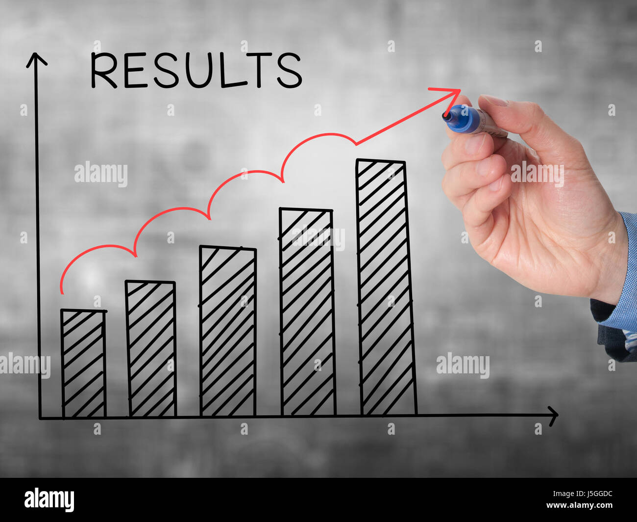 Result Visualization Drawing Business man Hand drawing Results graph with marker. Isolated on grey ...