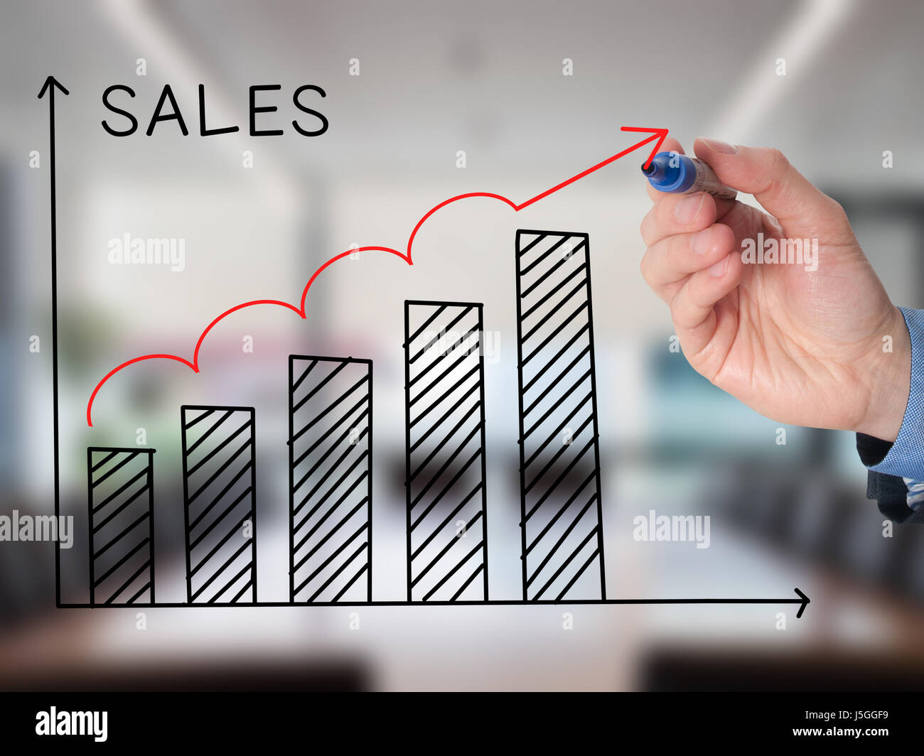 Businessman hand drawing Sales Growth Graph with marker on transparent ...