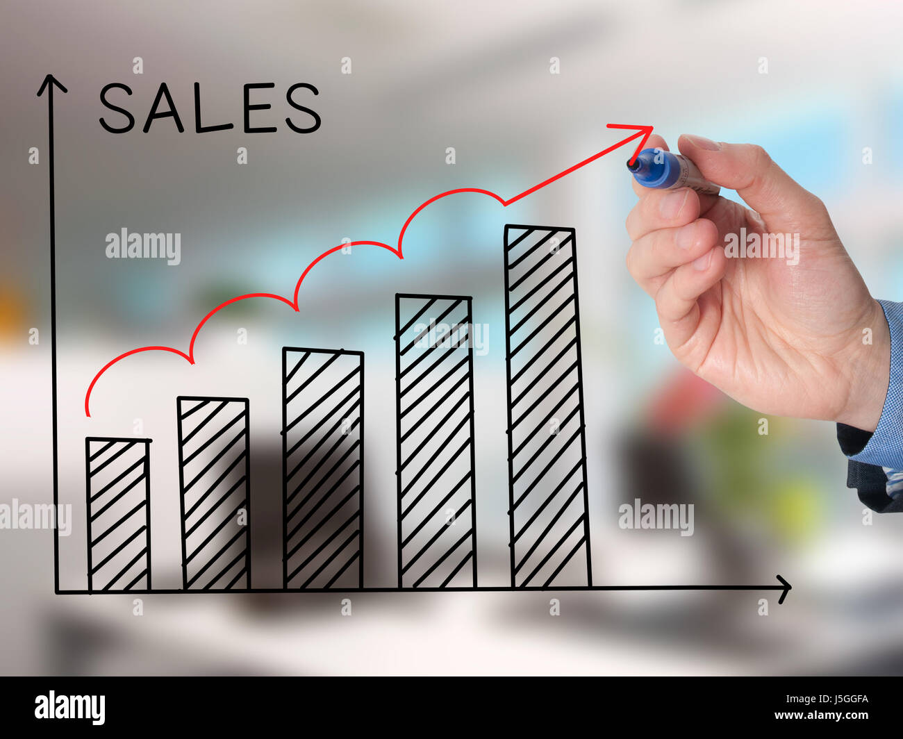 Businessman hand drawing Sales Growth Graph with marker on transparent ...