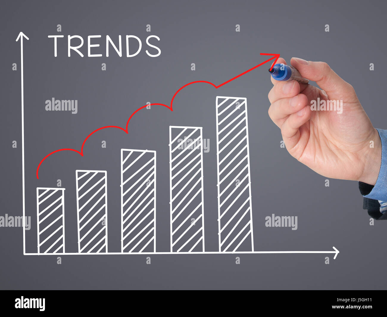 Businessman hand drawing growth trends chart isolated on grey ...