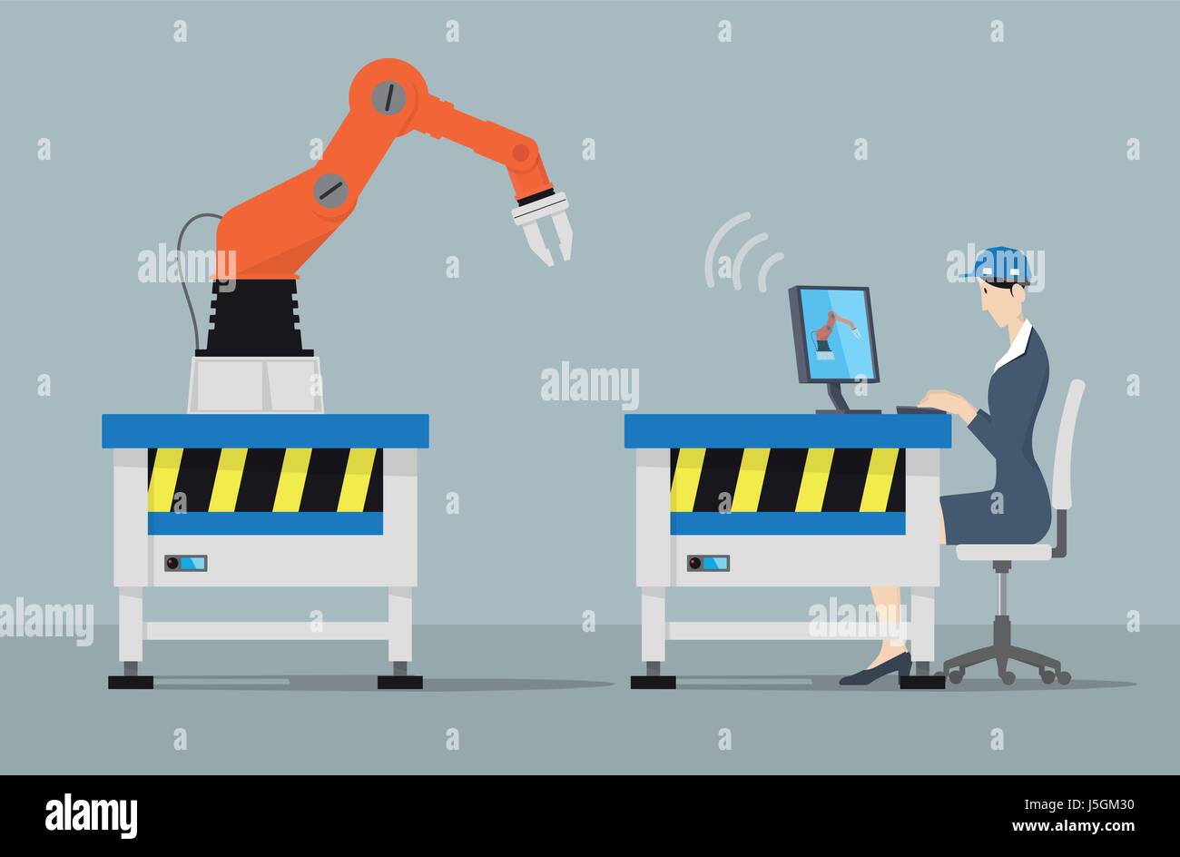 Industry 4.0 Factory Automation Concept. Robot hand controlled by engineer with desktop PC. Stock Vector