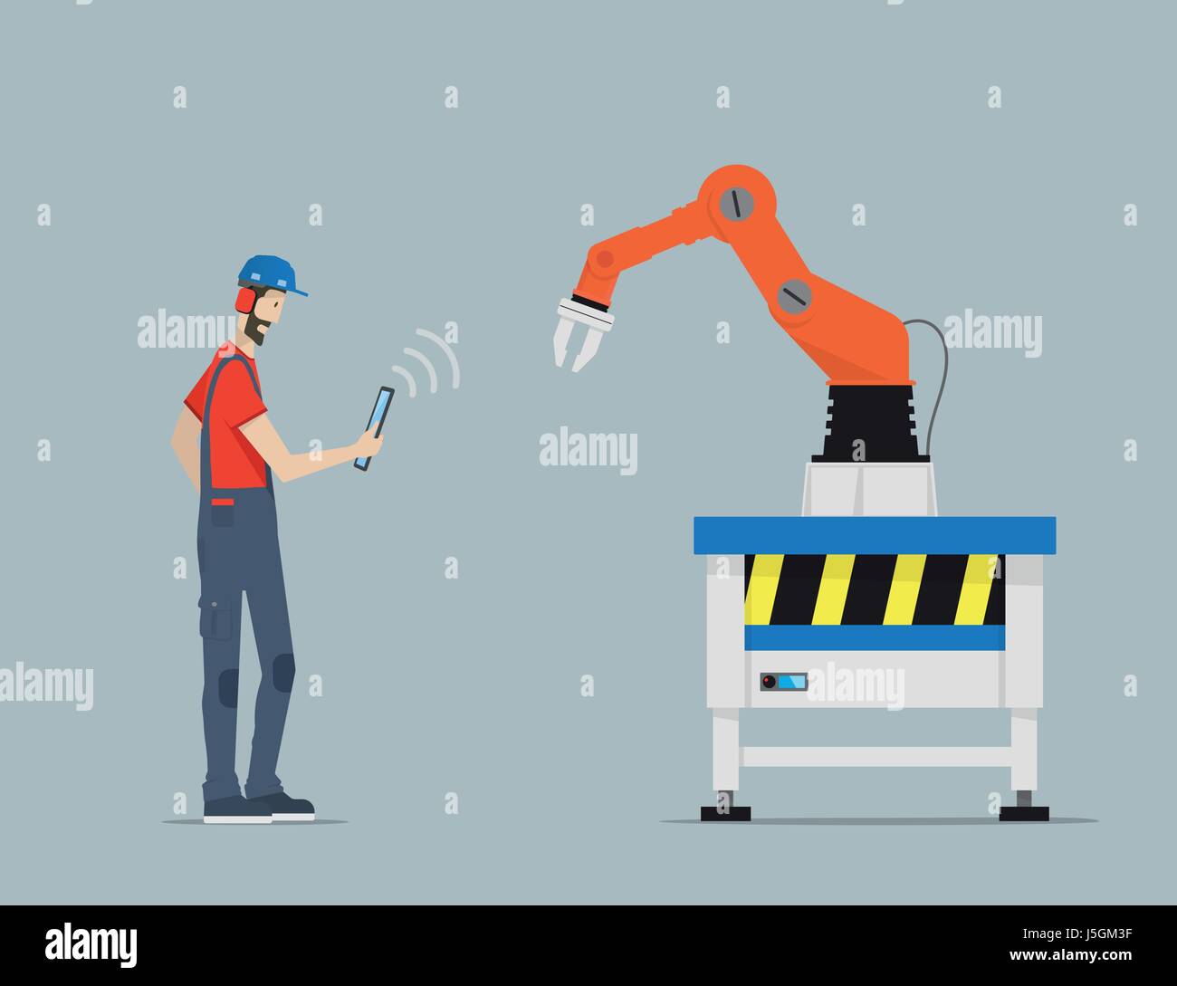 Industry 4.0 Factory Automation Concept. Robot hand controlled by skilled laborer with Tablet PC. Stock Vector