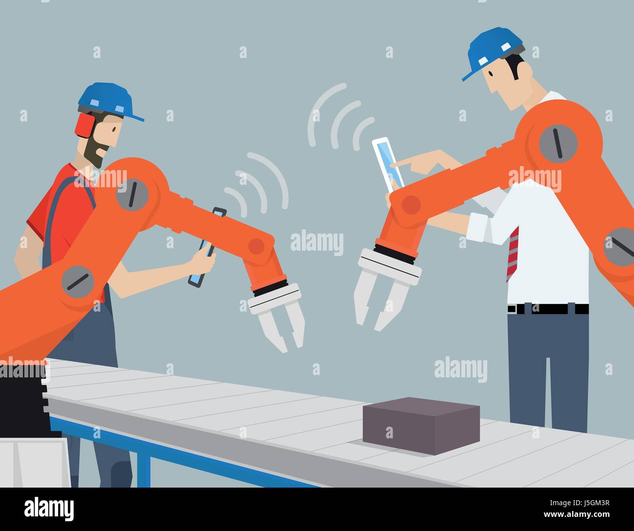 Industry 4.0 Factory Automation Concept. Robot hands controlled by tablet PC. Stock Vector