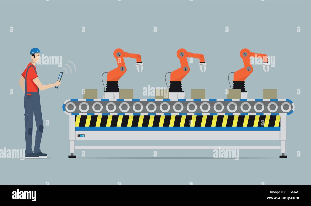 Industry 4.0 Factory Automation Concept. Robot hands controlled by