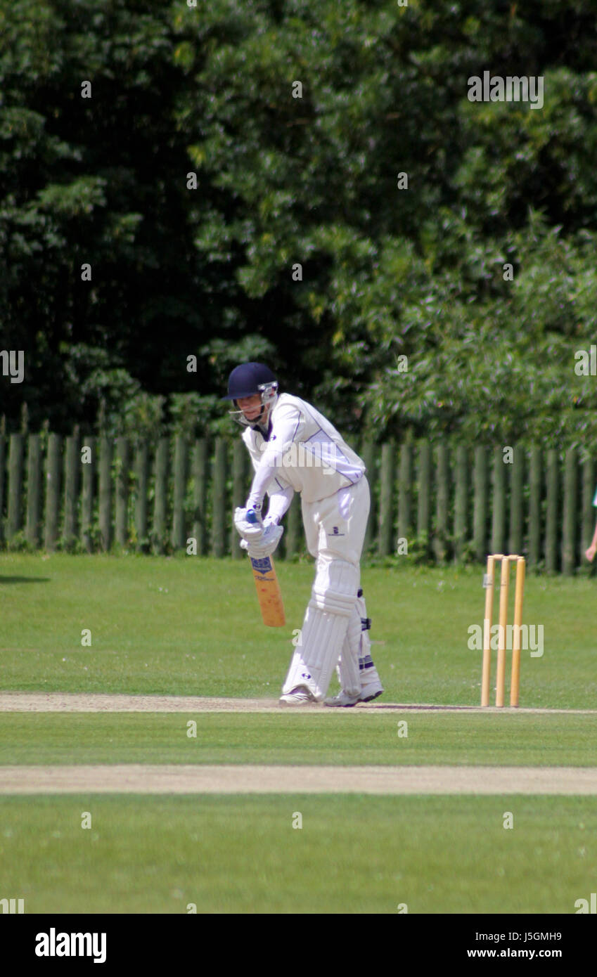 Batting at the crease at an English game of cricket Stock Photo