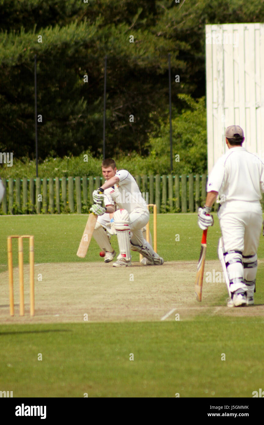 Batsman defending his wicket Stock Photo