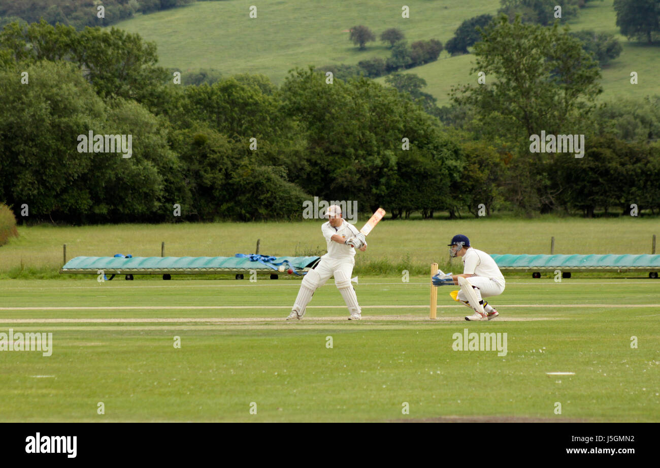 Batting at the crease at an English game of cricket Stock Photo