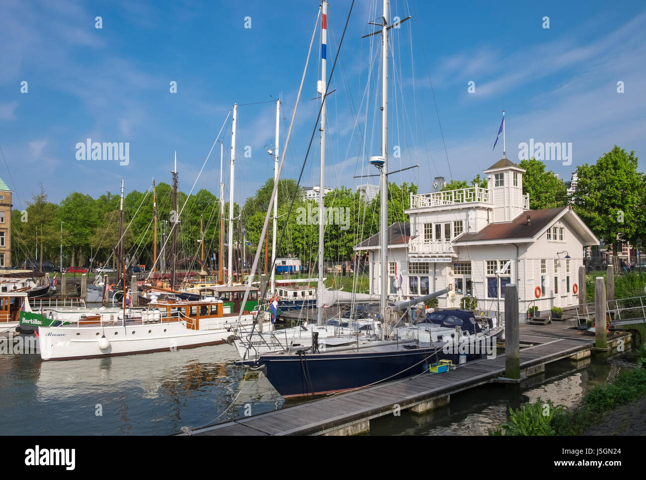 Sailing boats moored in historic harbour area of Veerhaven, Rotterdam, The Netherlands. Stock Photo
