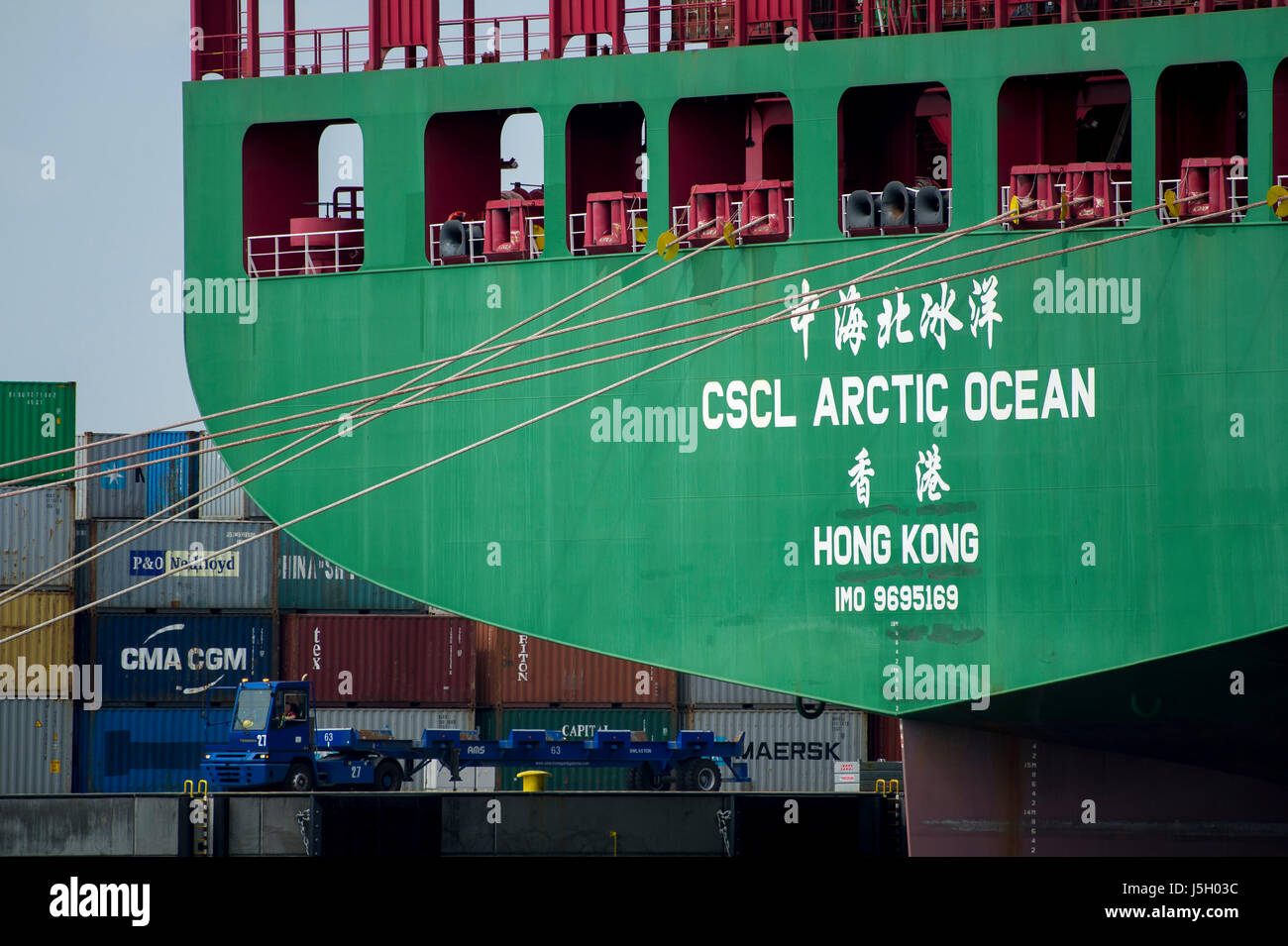 Gdansk, Poland. 17th May, 2017. 400 meter long container ship CSCL