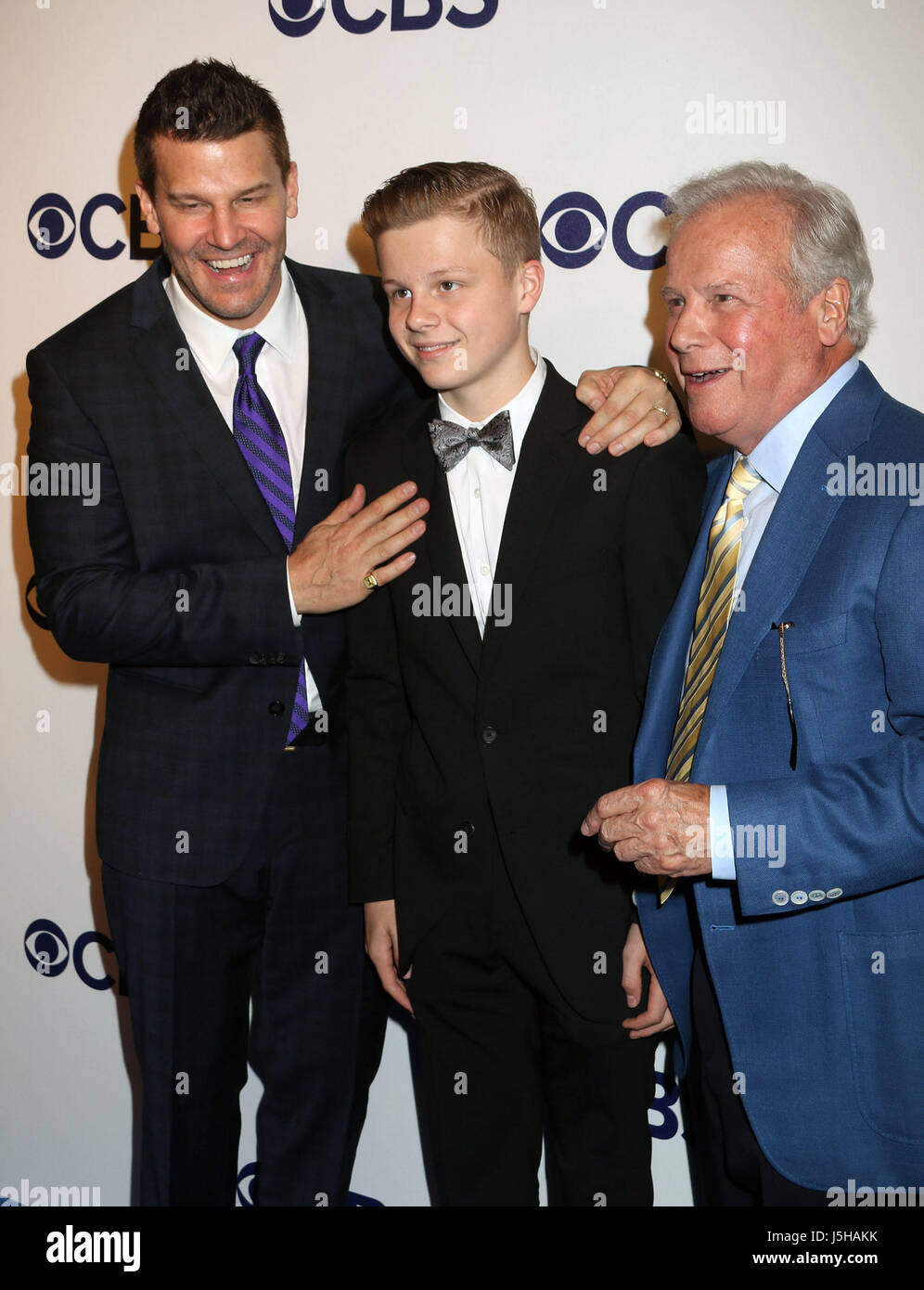 New York, New York, USA. 17th May, 2017. Actor DAVID BOREANAZ with his son  JAYDEN RAYNE BOREANAZ and his father DAVE ROBERTS attend the 2017 CBS  Upfront held at the Plaza Hotel.