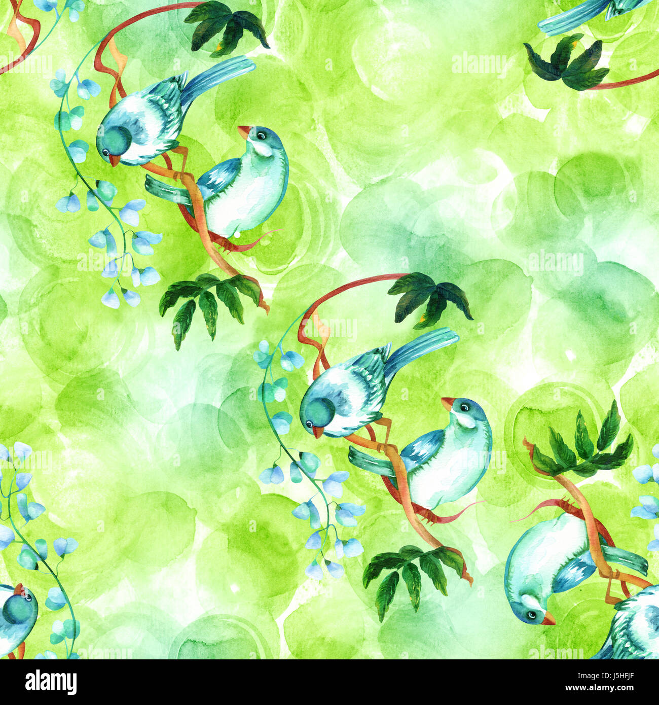 A seamless pattern with a couple of vibrant teal blue watercolor birds ...