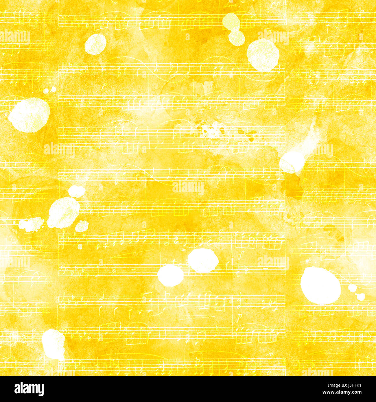 A seamless background pattern with sheet music and ink stains, golden toned Stock Photo