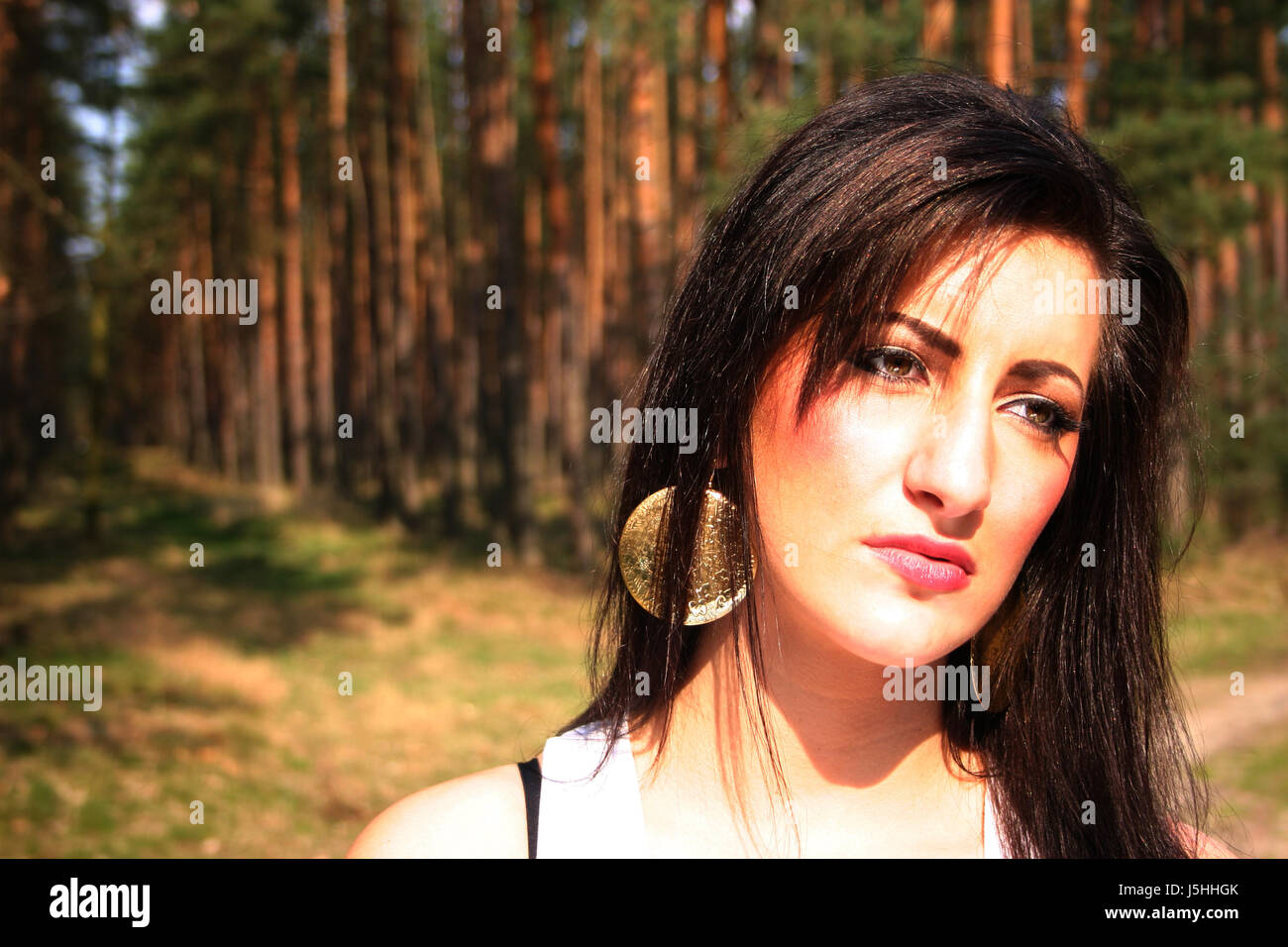 woman tree trees green mouth dreamy face portrait jewelry jewellery