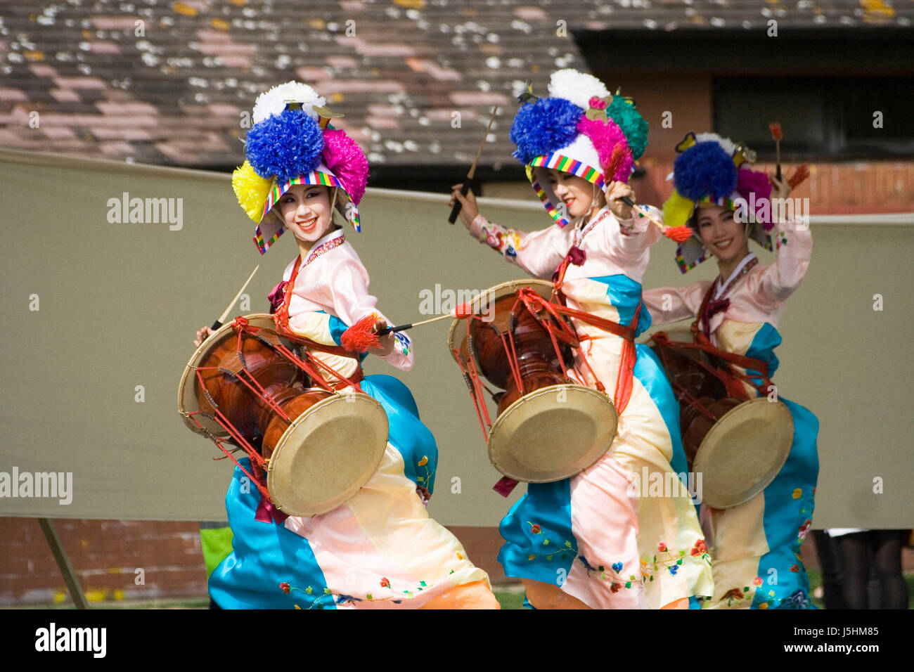 London UK August 15 2009 Korean ethnic dancers perform