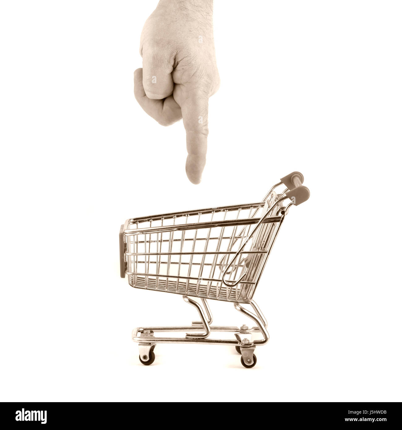 hand sell shopping supermarket trolley cart hint purchase point out fill Stock Photo