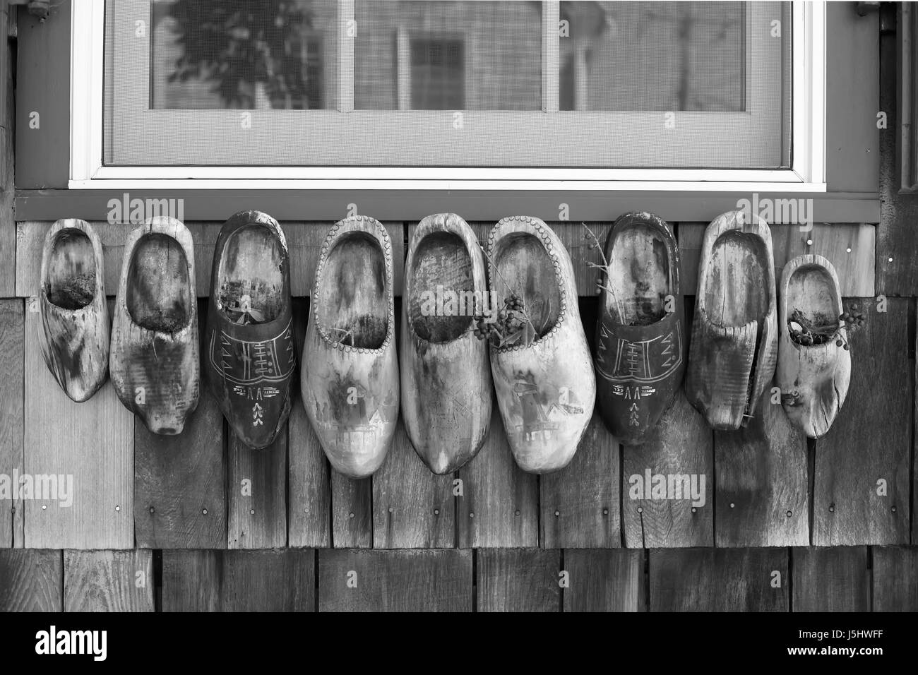 Wooden Shoes - Lewes, Delaware  used as outdoor decoration to celebrate the early Dutch settlement of Lewes. Stock Photo