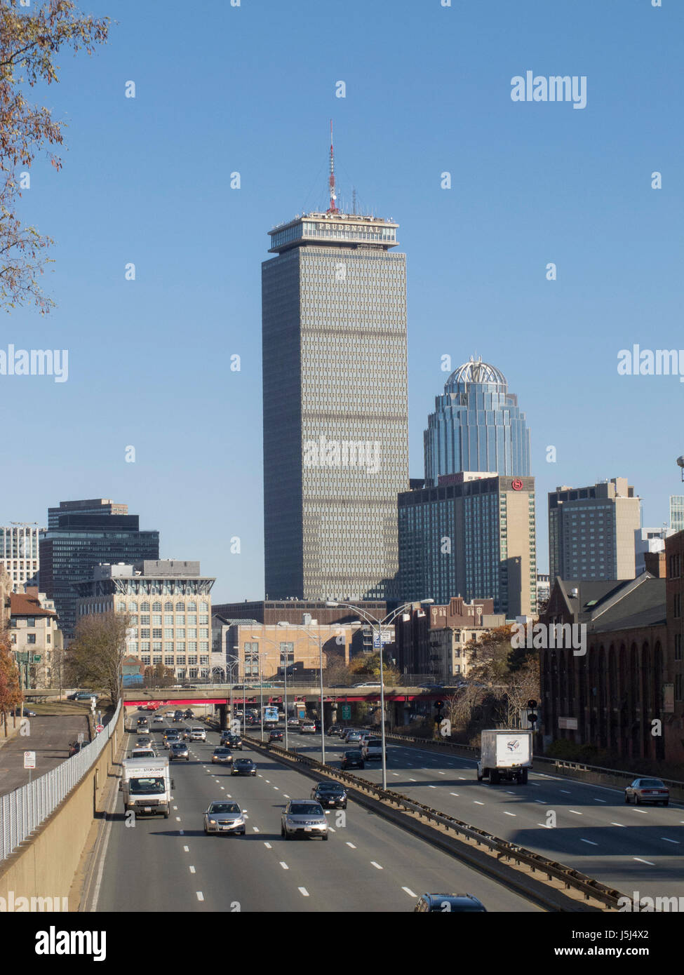 Looking east along the Massachusetts Turnpike towards Boston's Back Bay district. Stock Photo