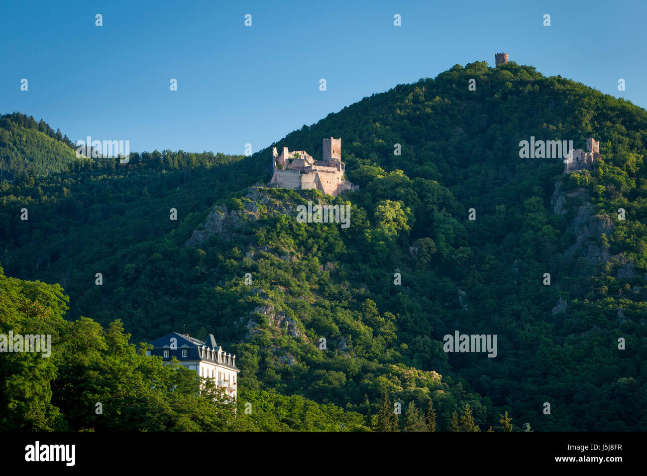 Ruins of Chateau du Girsberg and Chateau de Saint-Ulrich in the Vosges Mountains above Ribeauville, Alsace, France Stock Photo