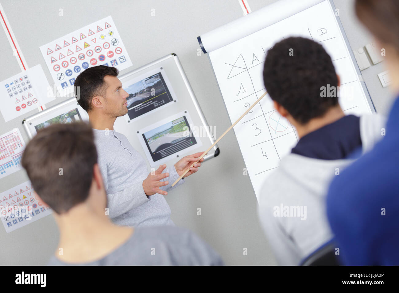 Teacher working through flip chart with students Stock Photo