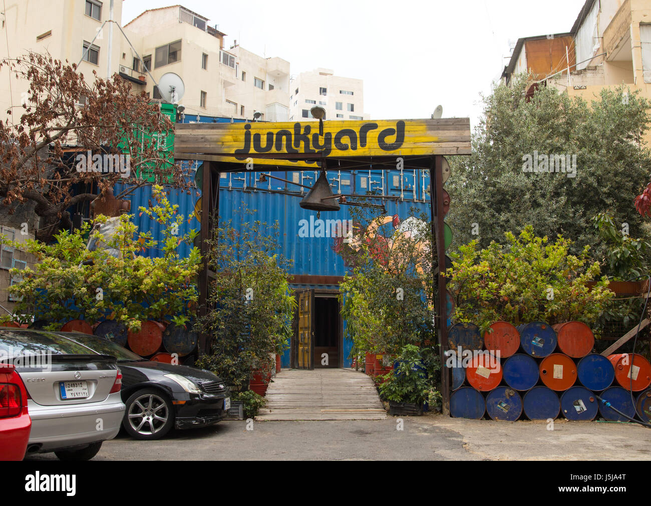 Junkyard cafe in Mar Mikhael made with containers and barrels, Beirut