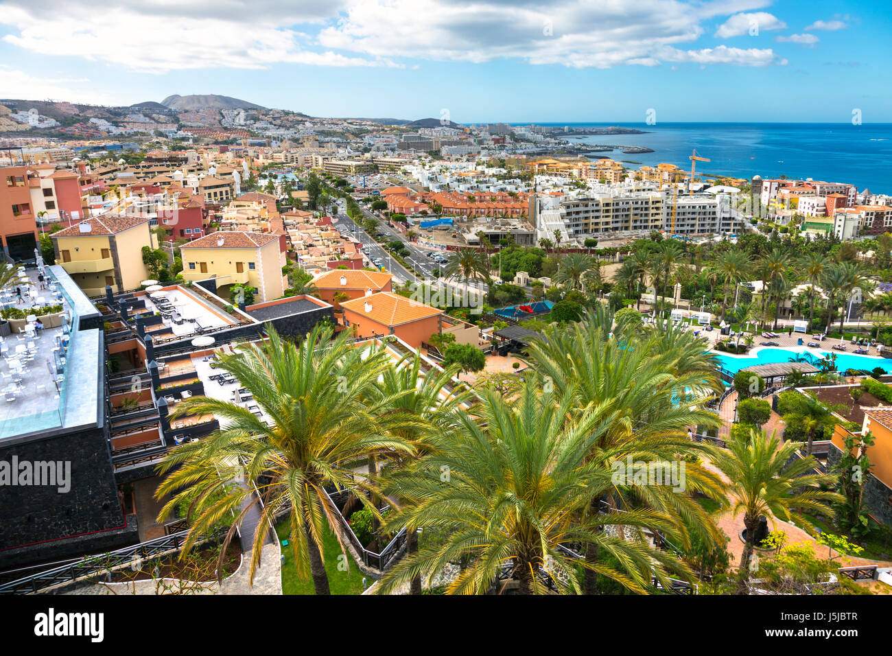 Scenic view over Costa Adeje and the Atlantic Ocean, Tenerife, Spain Stock Photo