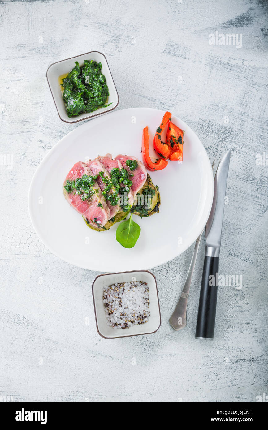 A plate of sliced roast beef Stock Photo