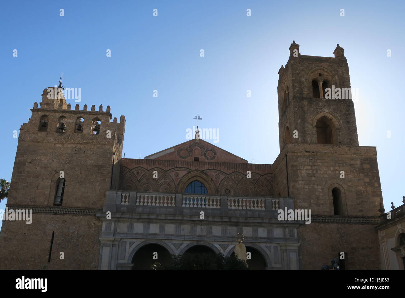 Nice church in Monreale in province Palermo, Sicily island, Italy.On a square, interesting design and facade. Stock Photo