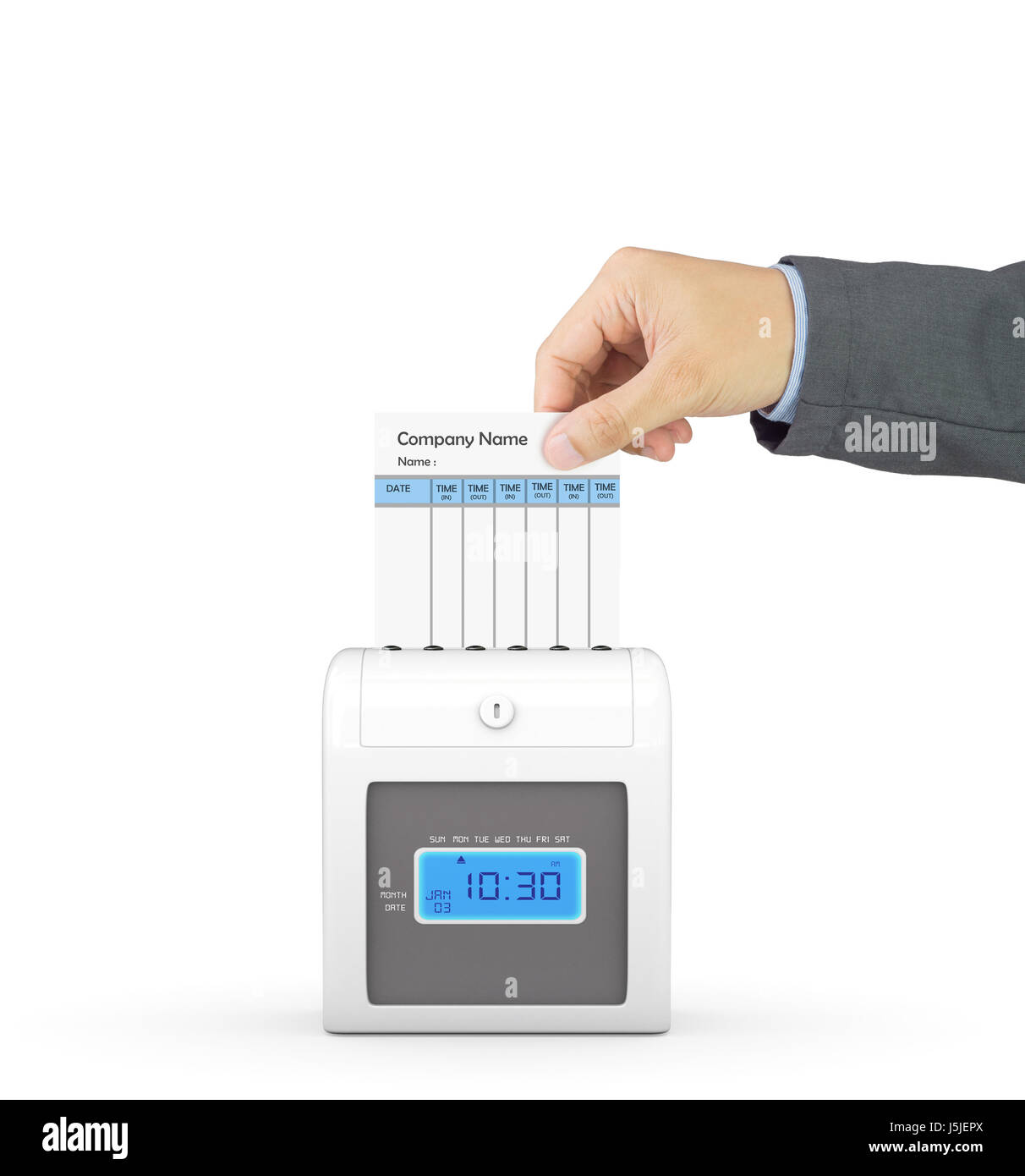 Hand putting paper card in time recorder machine with clipping path Stock Photo