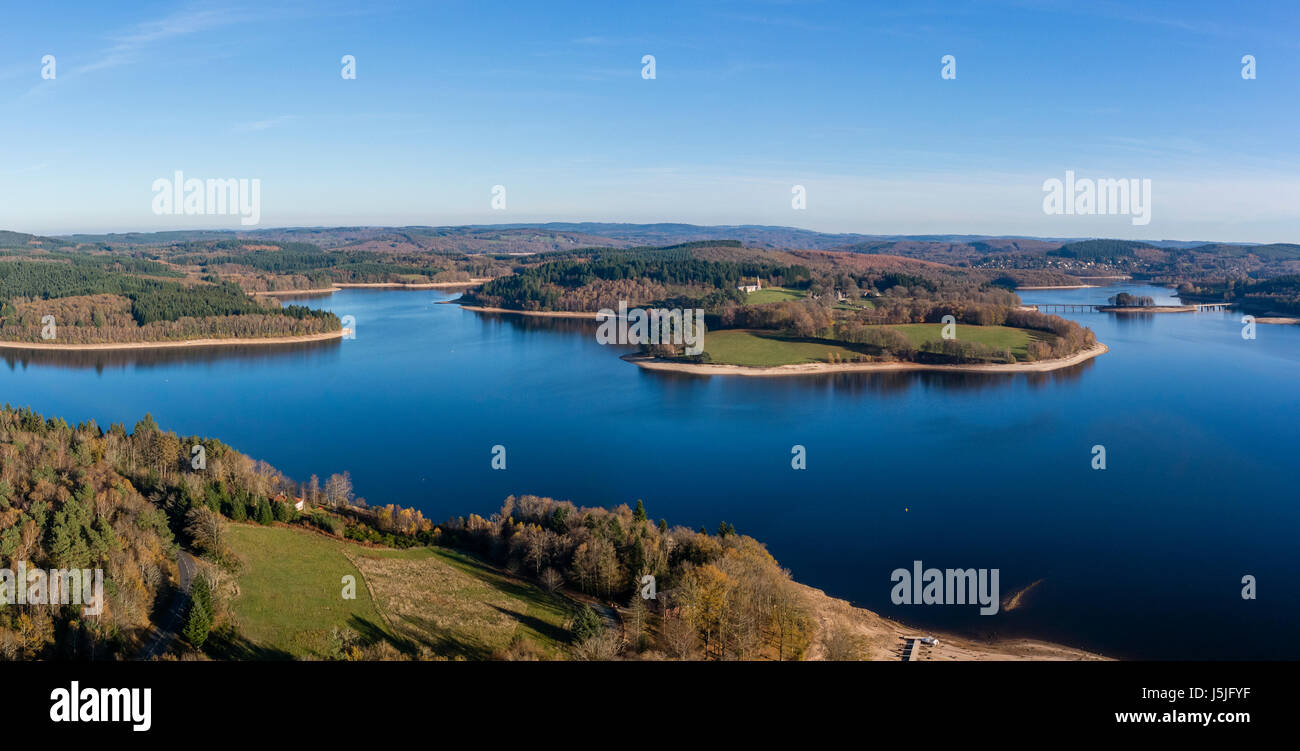 France, Creuse and Haute Vienne, Vassiviere lake, island of Vassivière and its International Center of Art and Landscape in the center (aerial view) Stock Photo