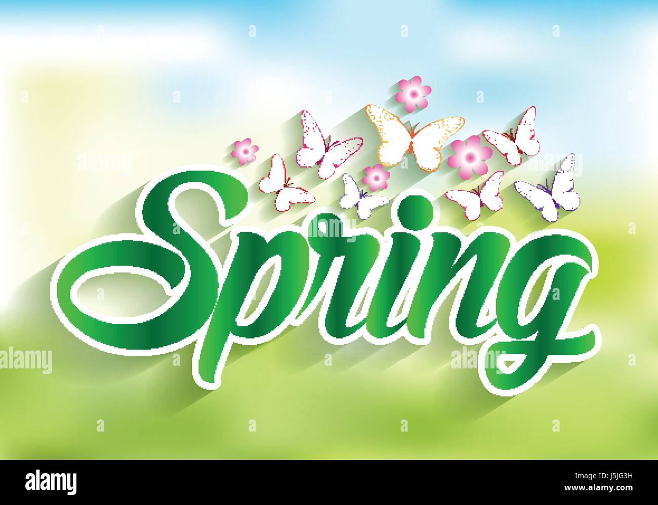 Spring Word Vector Title Paper Cut with Flowers & Butterflies. Vector