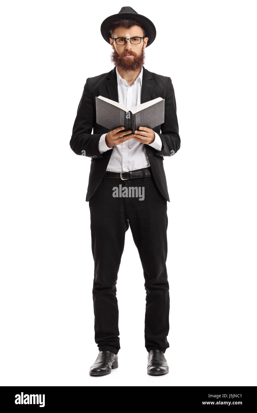 Full length portrait of a religious man with a book isolated on white background Stock Photo