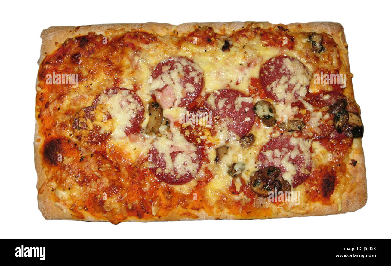 pizza mushrooms cheese spices calories pasta ham frozen food occupied baked Stock Photo