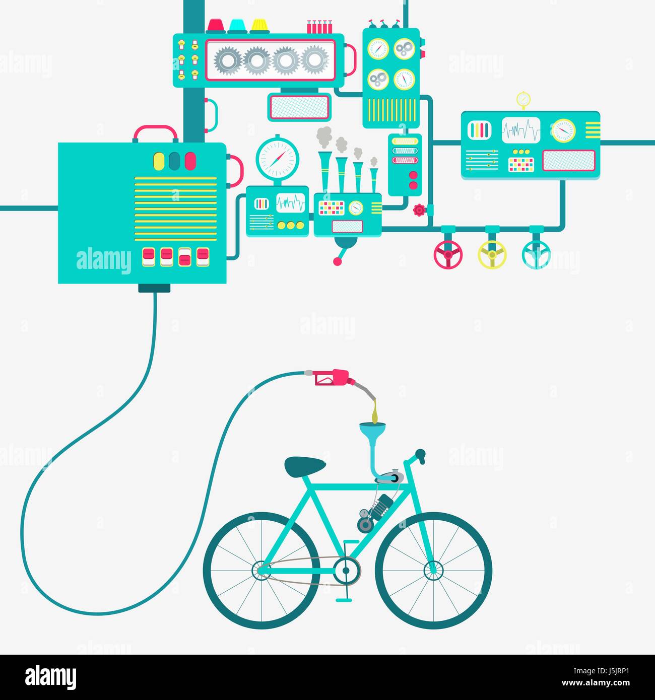 Machinery of factory refining gasoline and refueling a electric bicycle. Bike being fueled by a gas pump. Stock Vector