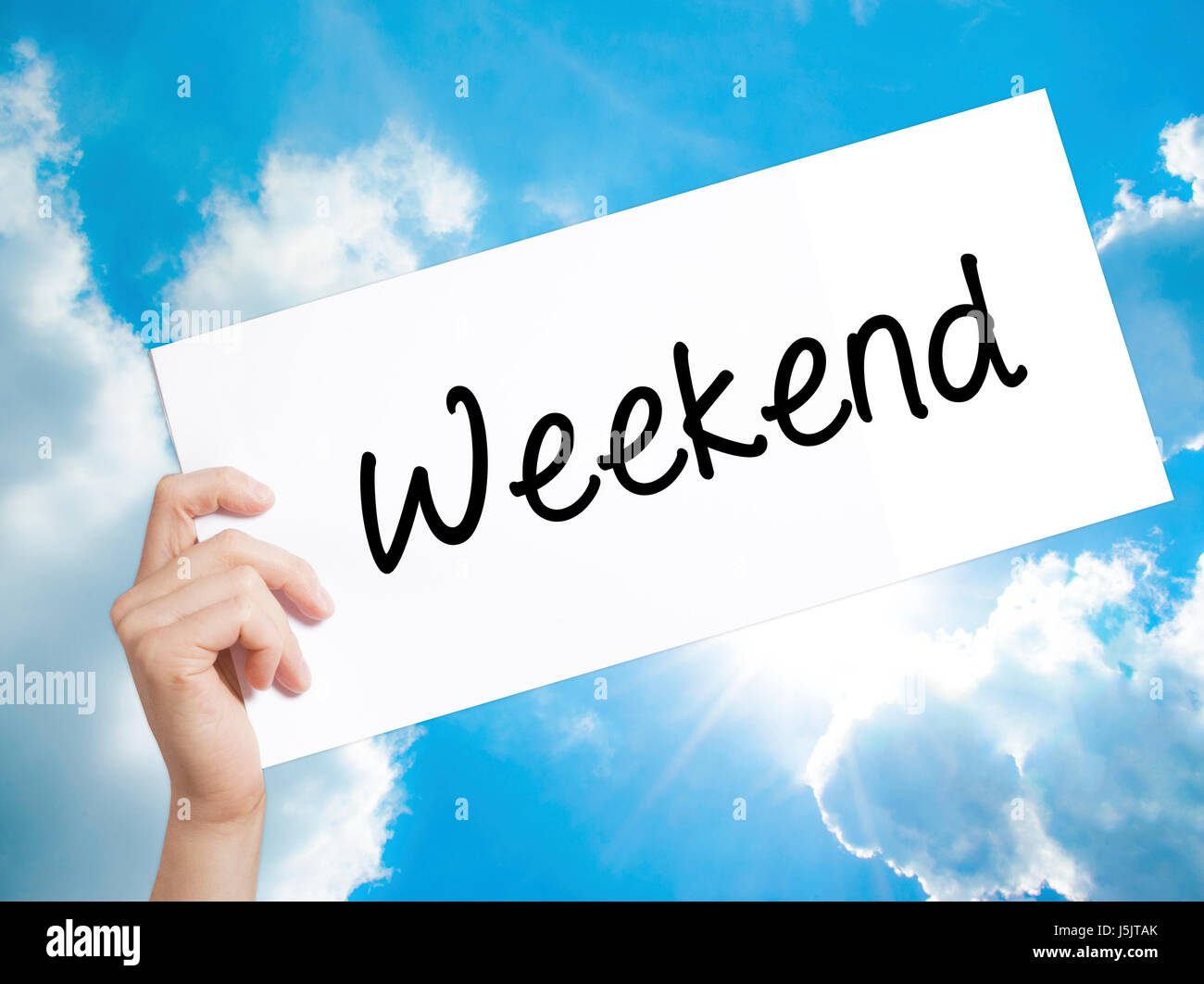 Weekend Sign Off Weekend Sign on white paper. Man Hand Holding Paper with text. Isolated ...