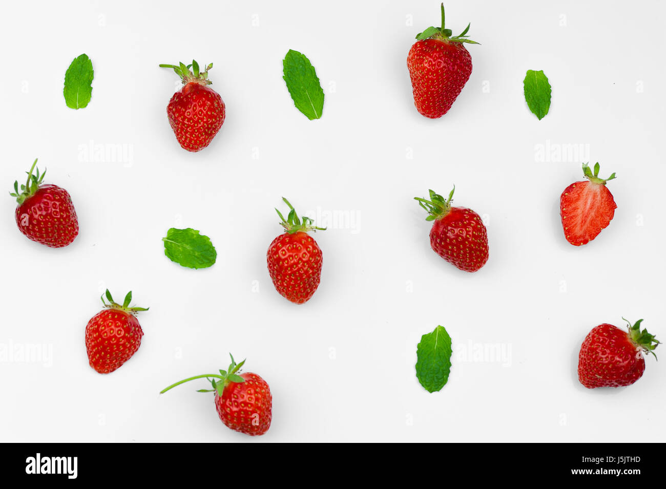 Seamless pattern of strawberries and mint, top view flat lie isolated Stock Photo