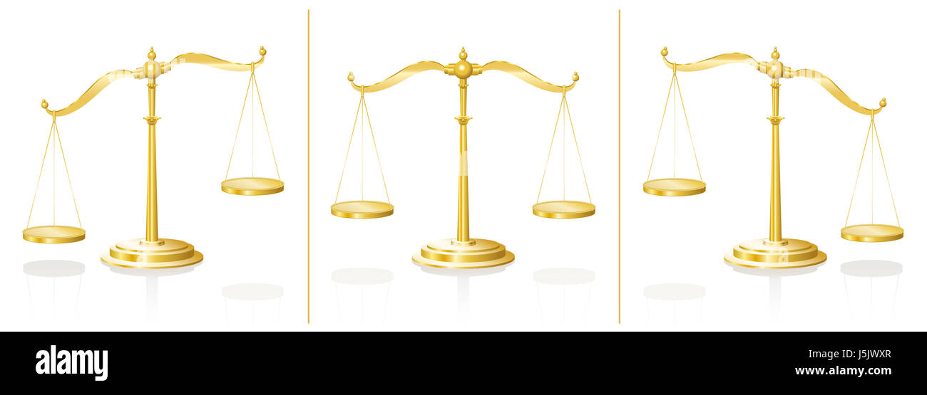 Scale - balanced and unbalanced pans - equal and unequal weightiness - illustration on white background. Stock Photo