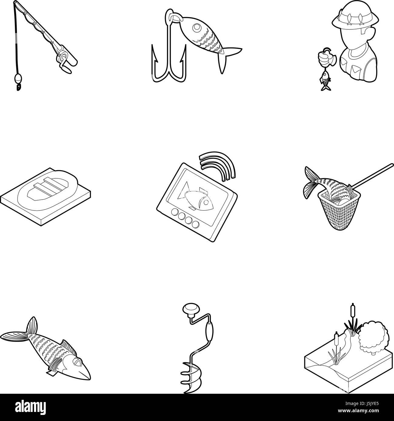 Fishing on river icons set, outline style Stock Vector