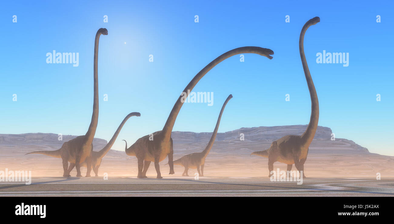 Omeisaurus Dinosaur Desert - An Omeisaurus herd walks across a dry desert in their search for vegetation and water in the Jurassic Period. Stock Photo
