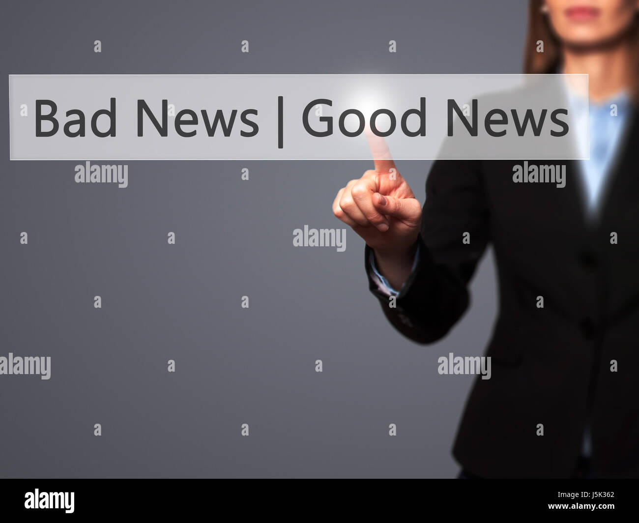 Good News Bad News - Businesswoman hand pressing button on touch screen interface. Business, technology, internet concept. Stock Photo Stock Photo