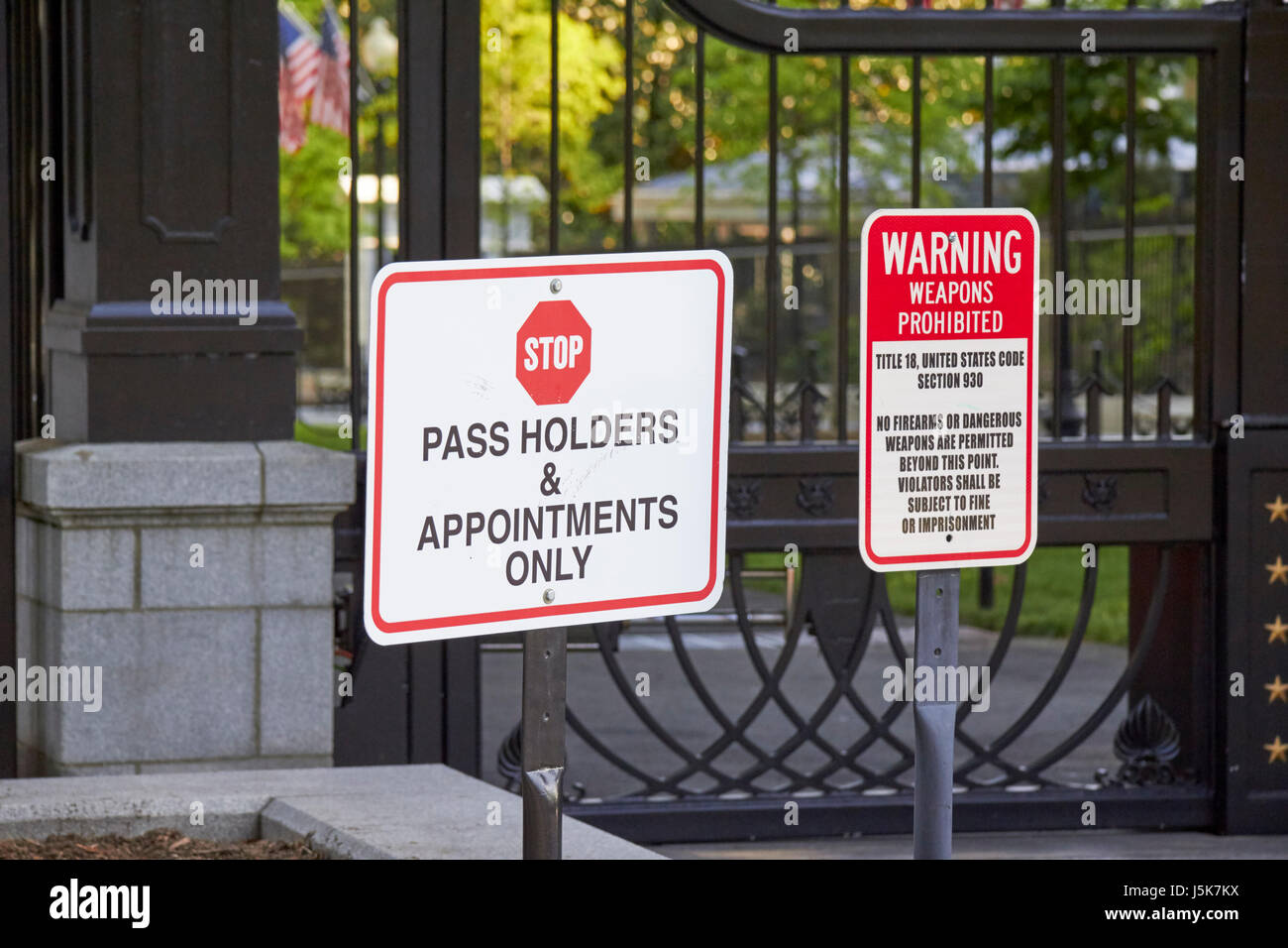 pass holders and appointments only and no weapons signs at entrance to the White House Washington DC USA Stock Photo