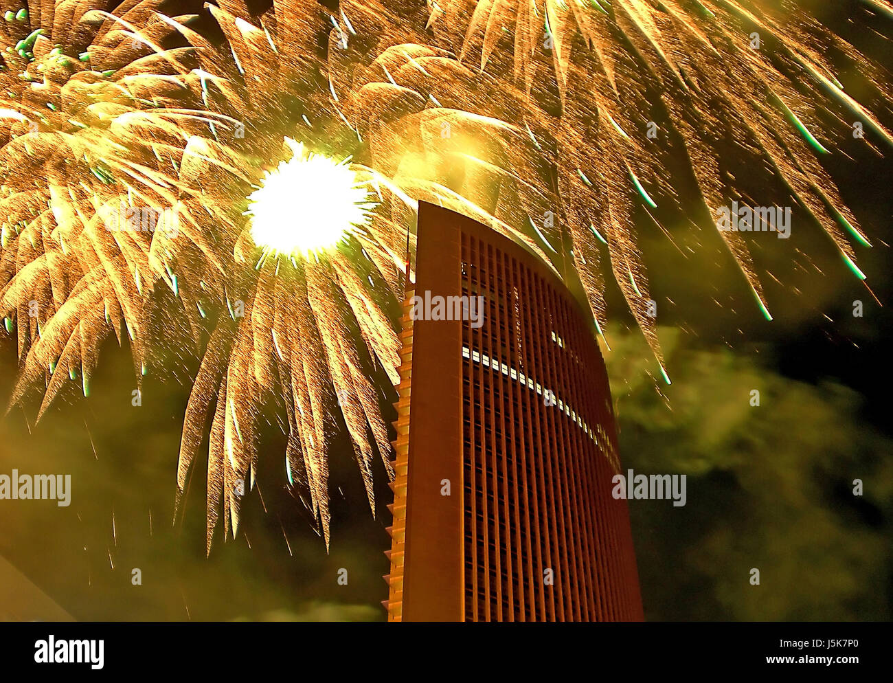 city town night nighttime skycraper hesse party celebration fire conflagration Stock Photo