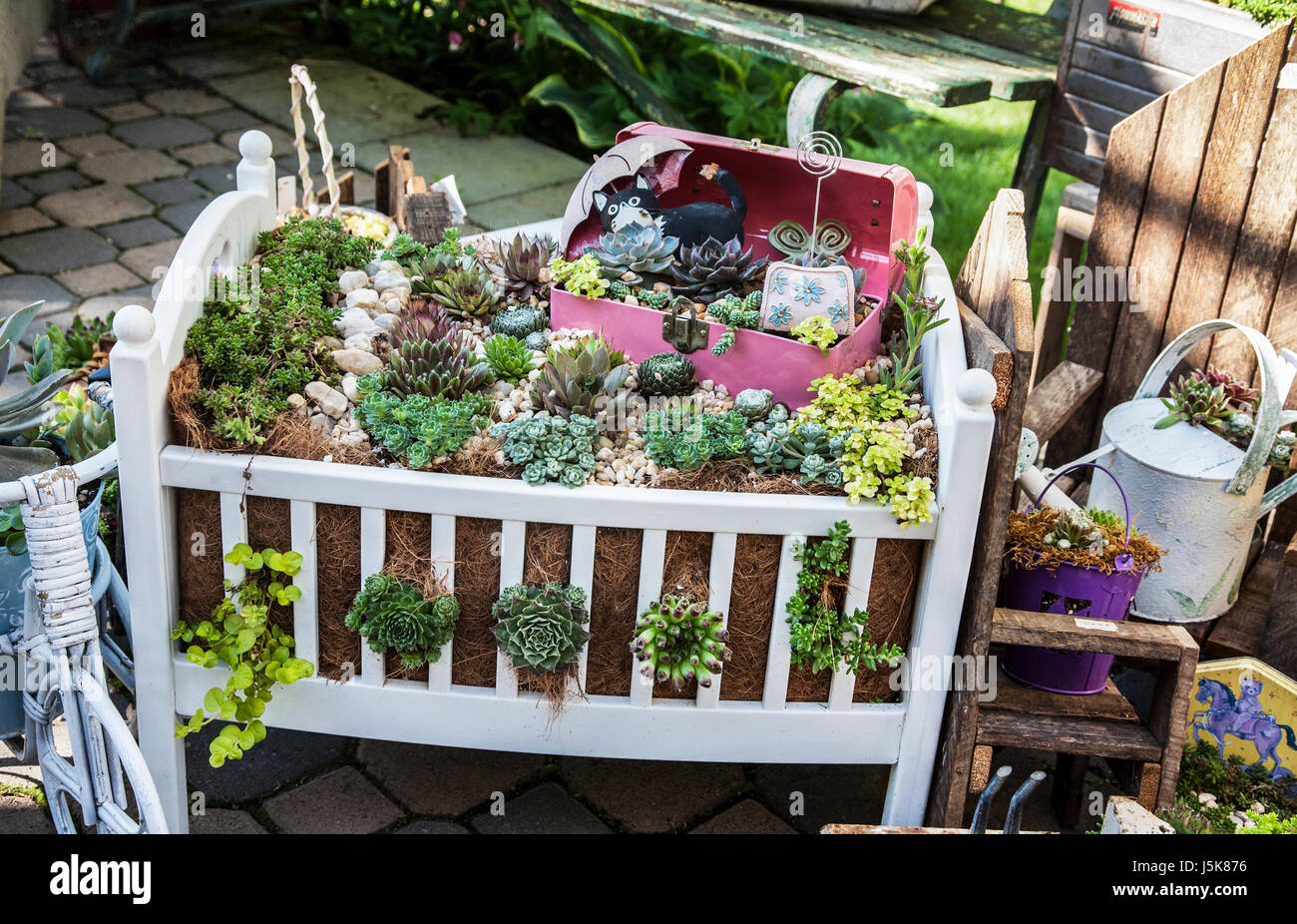 Repurposed White Doll Crib Garden Planter With Succulent Plants