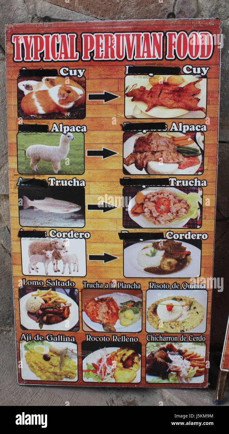 Typical Peruvian Food sign found in Ollantaytambo, Peru. Stock Photo
