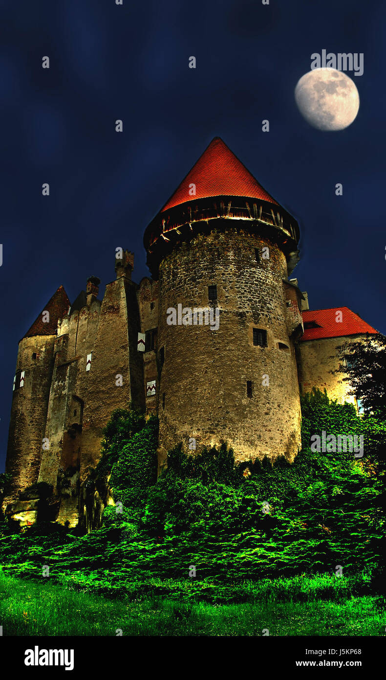 night nighttime moon photo composition forest-quarter chateau castle schlo Stock Photo