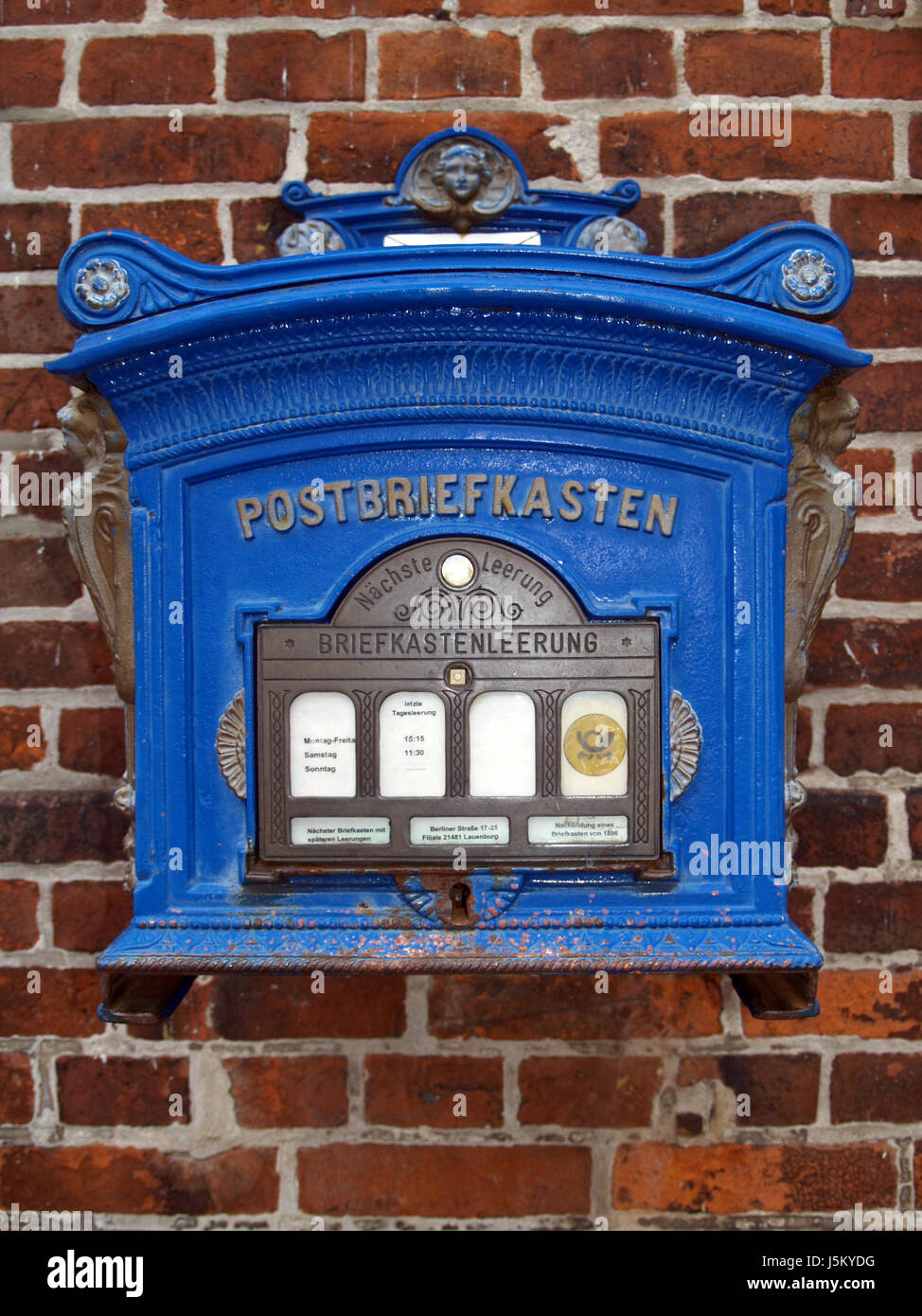 blue colour nostalgia wall mailbox rust nostalgic mail weatherworn message Stock Photo