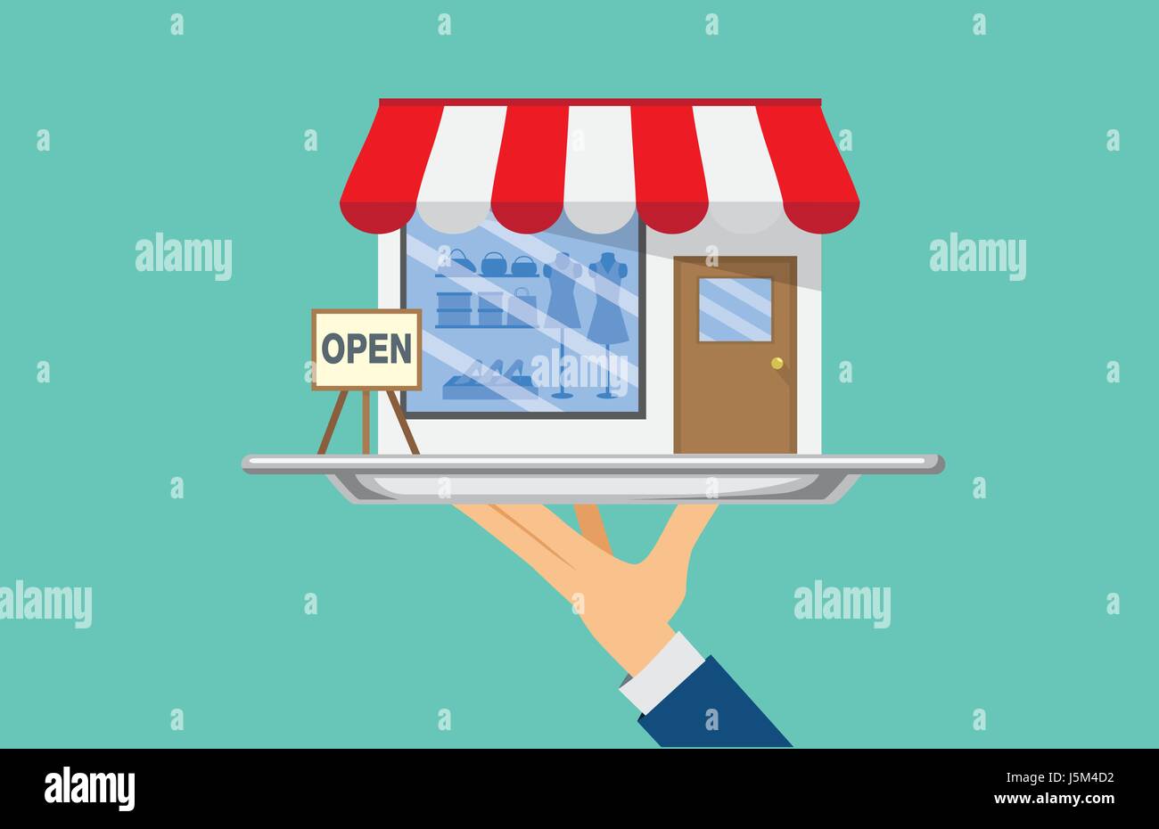 Hand holding silver tray which have a shop. This Illustration about SME concept. Stock Vector