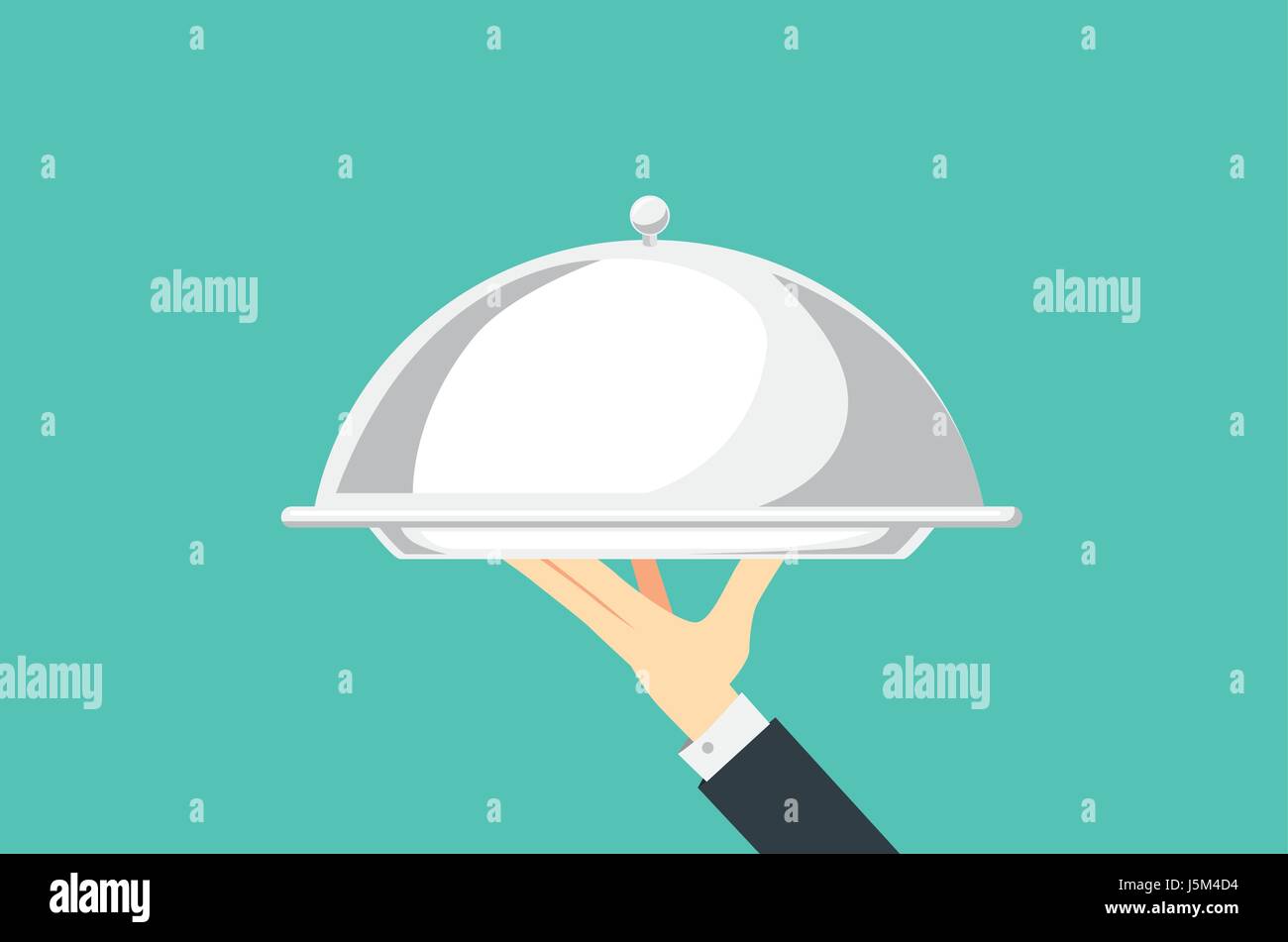 Hand of waiter holding silver tray with lid. Stock Vector
