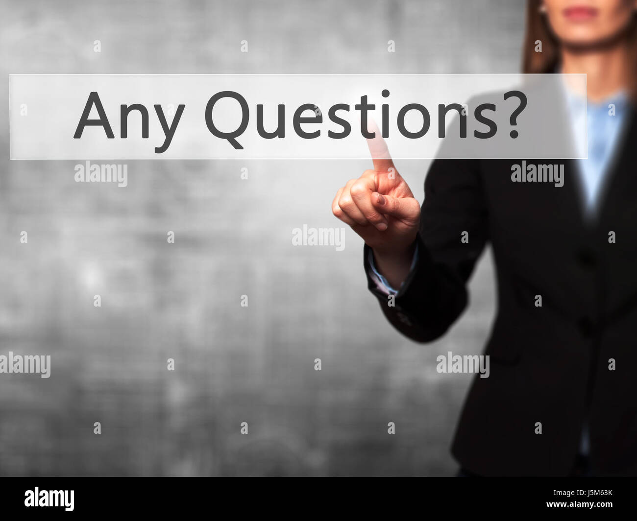 Any Questions - Isolated female hand touching or pointing to button ...